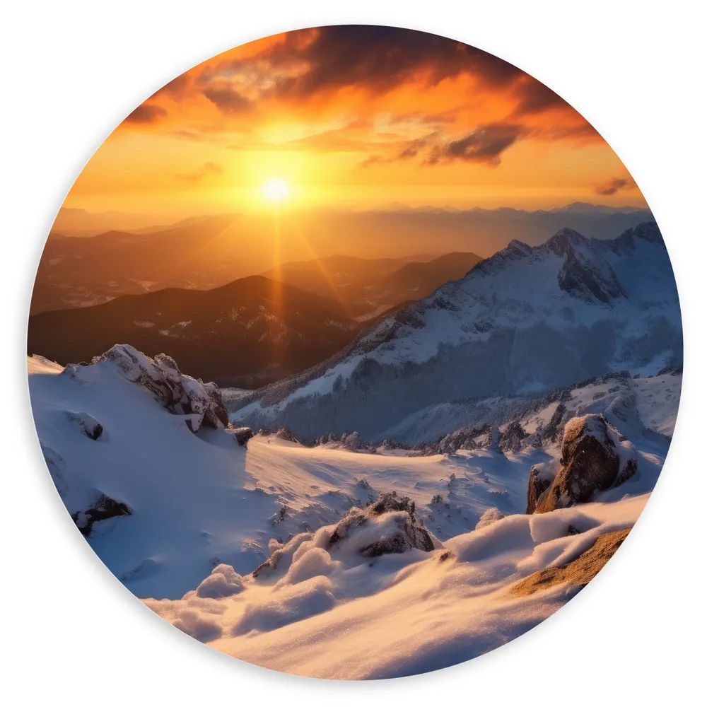 Dibond Muurcirkel - Uitzicht op Zonsondergang vanaf Besneeuwde Berg