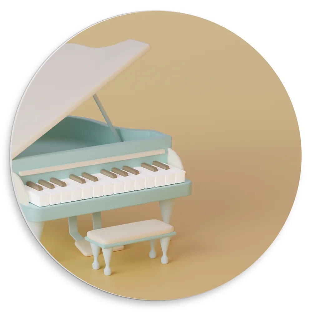 Dibond Muurcirkel - Wit met Blauw Geleurde Piano tegen Beige Achtergrond