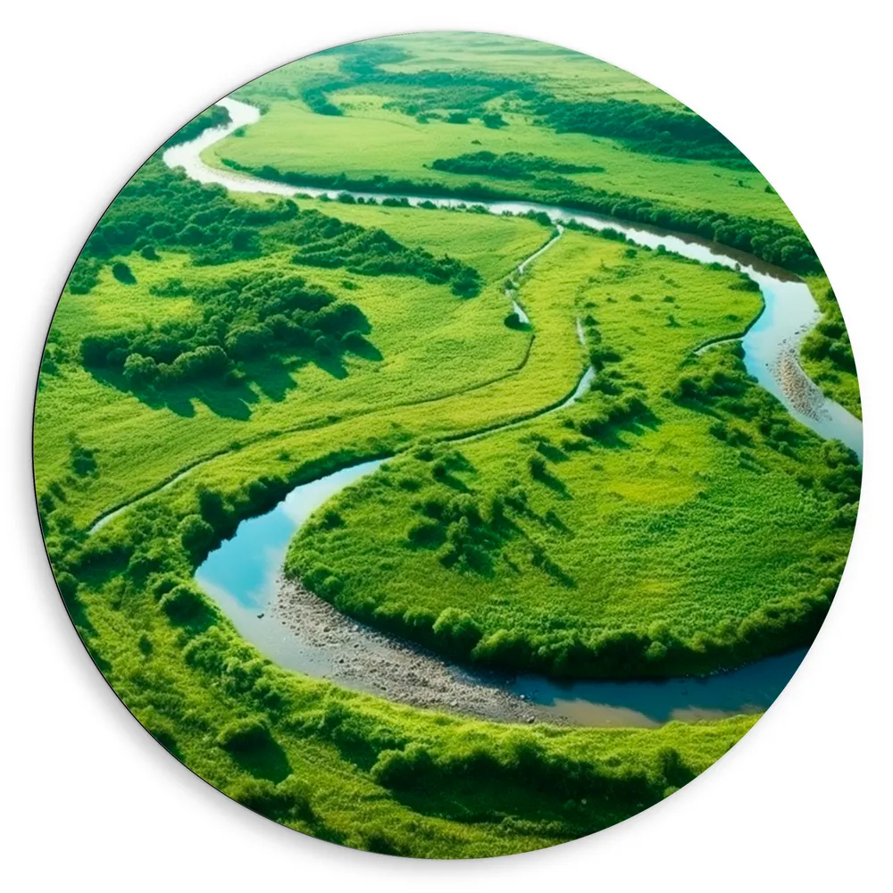 Dibond Muurcirkel - Bomen - Gras - Rivier - Water - Bovenaanzicht - Groen