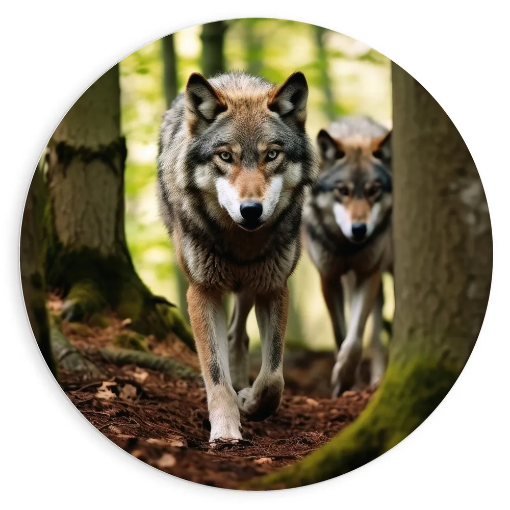 Dibond Muurcirkel - Wolven Sluipend tussen de Bomen door het Bos