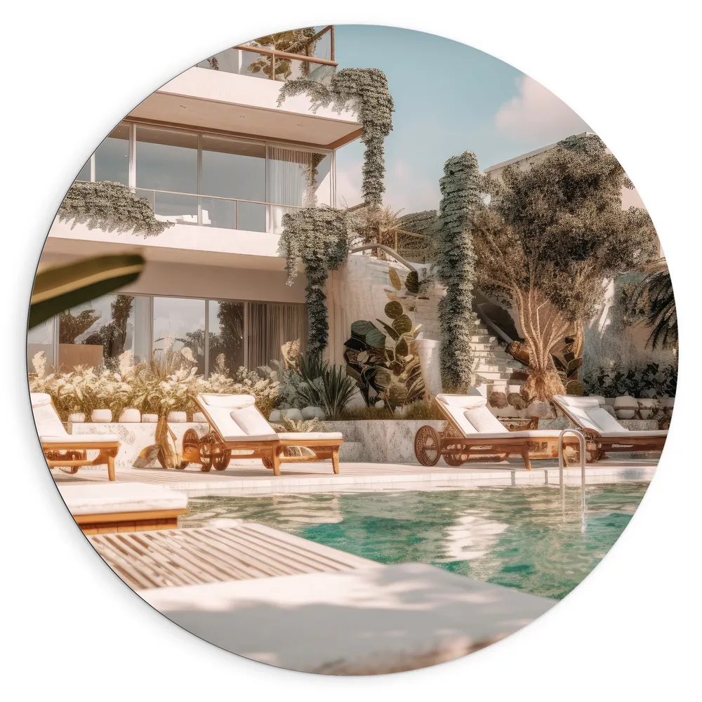 Dibond Muurcirkel - Hotel - Zwembad - Luxe - Lounge - Tropisch - Planten