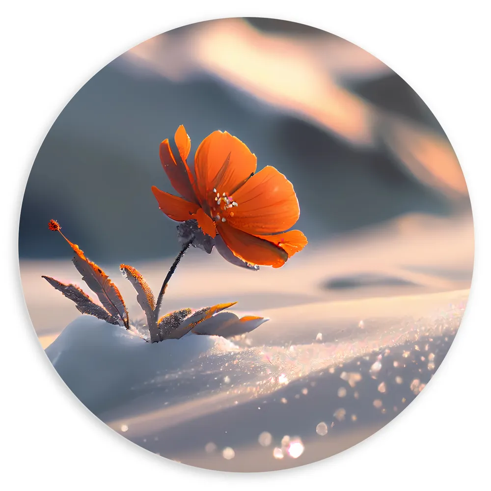Dibond Muurcirkel - Oranje Klaproos in de Sneeuw op Bergen - Bloemen