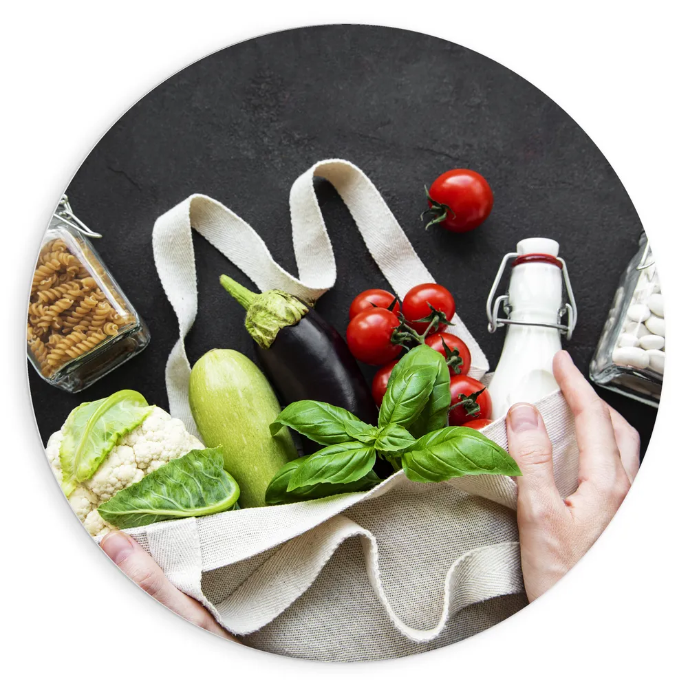Dibond Muurcirkel - Tas - Groente - Fruit - Olie - Pasta