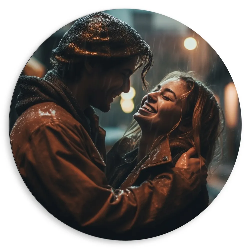Dibond Muurcirkel - Man - Vrouw - Liefde - Regen - Koppel