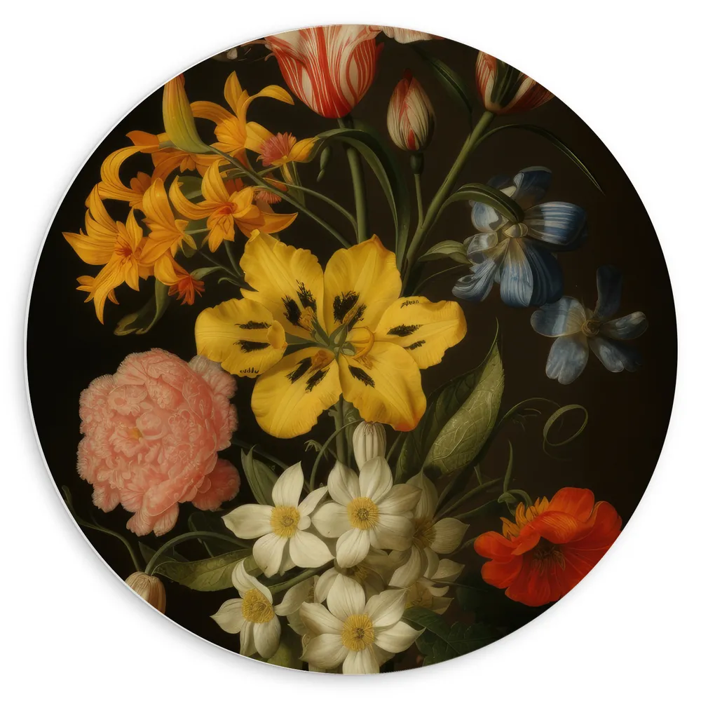 Dibond Muurcirkel - Boom van Verschillende Soorten en Kleuren Bloemen