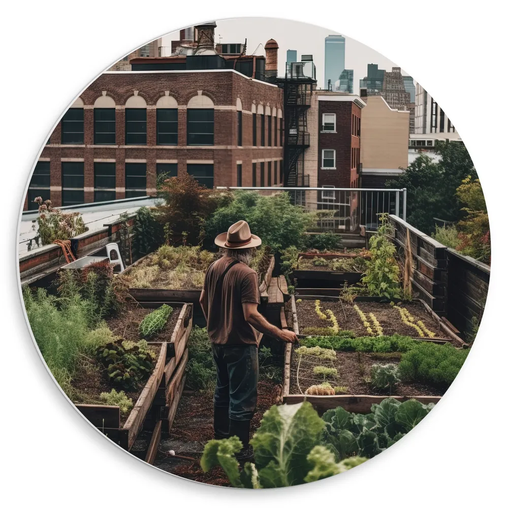 Dibond Muurcirkel - Man - Balkon - Tuin - Planten - Tuinieren