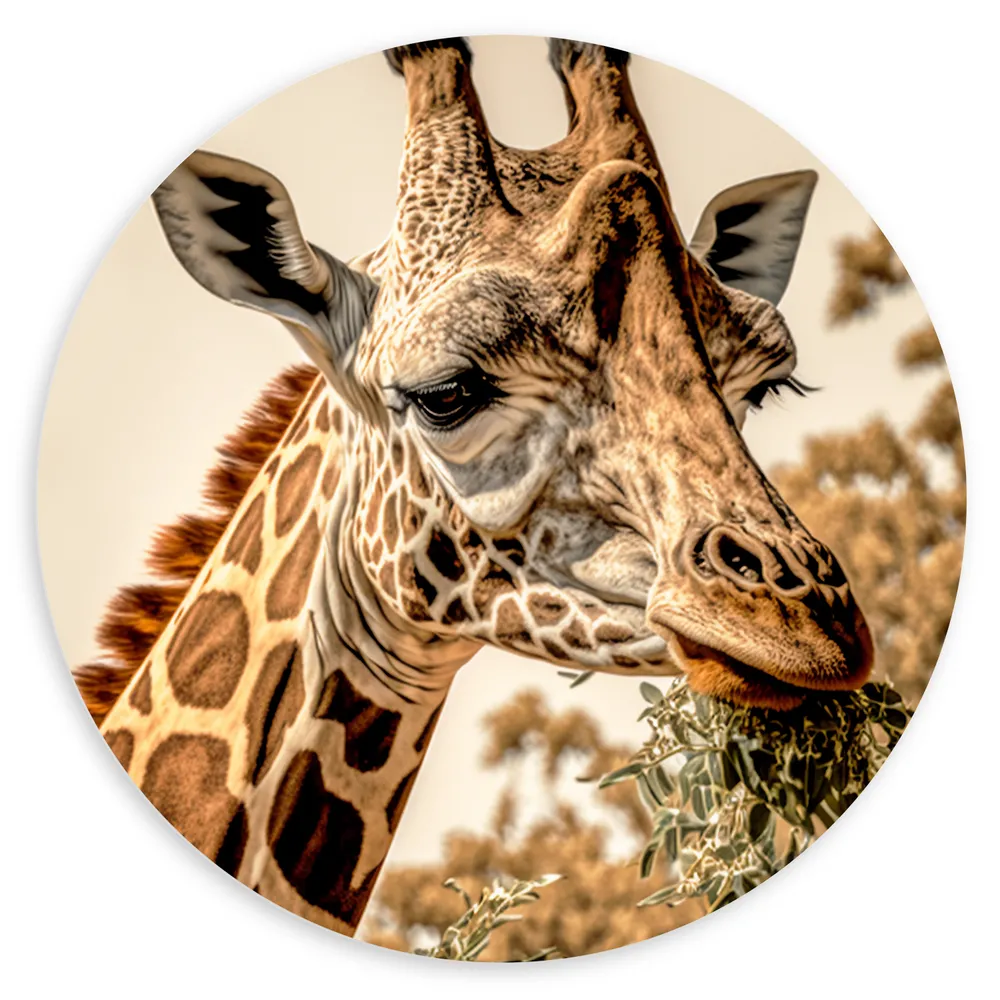 Dibond Muurcirkel - Close-up van Giraffe Etend van Hoge Boom