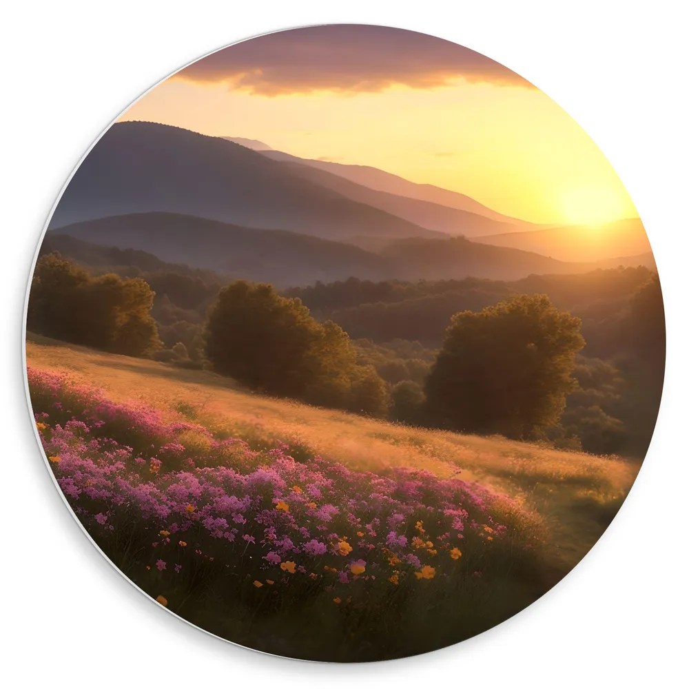 Dibond Muurcirkel - Bloemen - Bergen - Planten - Stenen - Bomen - Zon