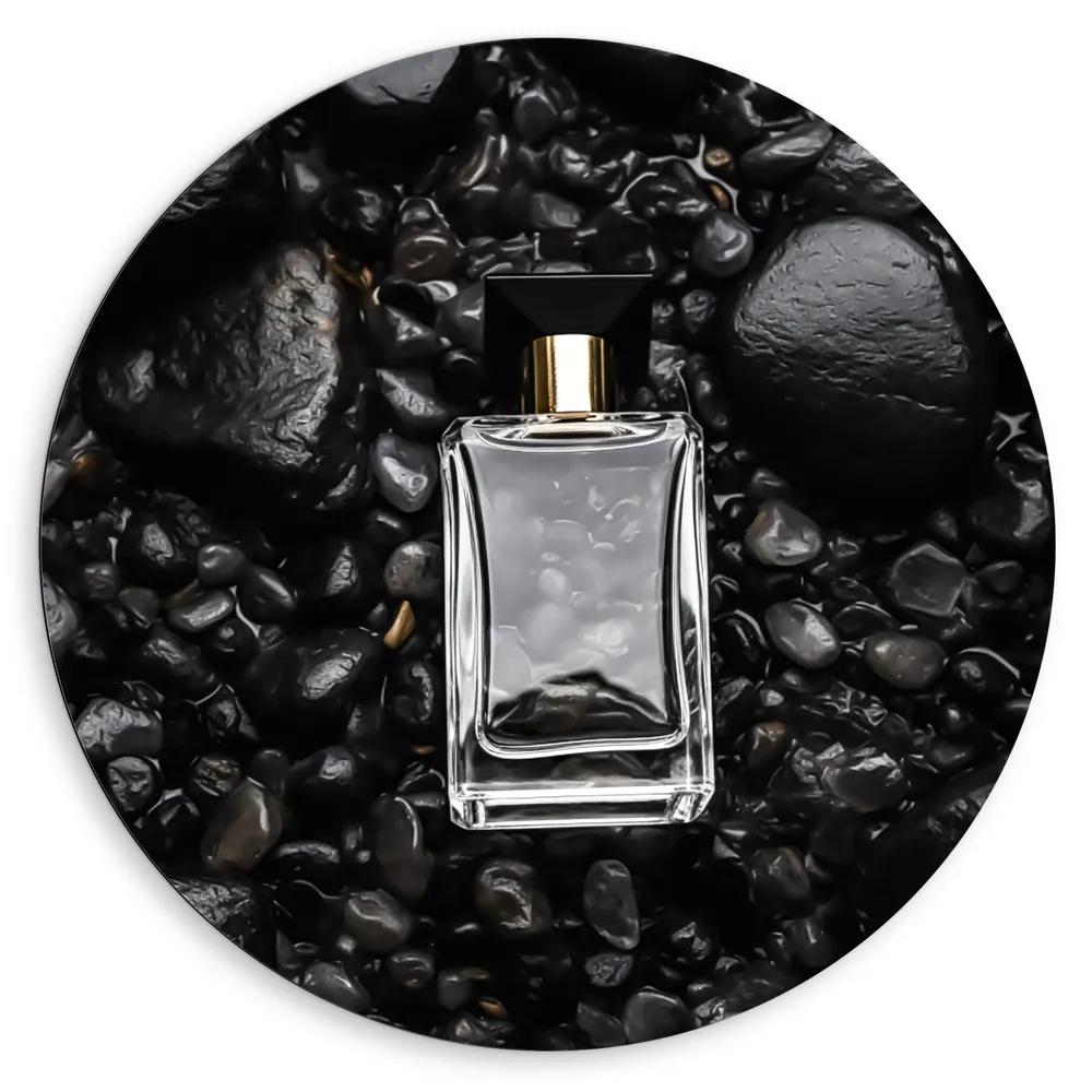Dibond Muurcirkel - Parfum - Flesje - Goud -Zwart - Stenen