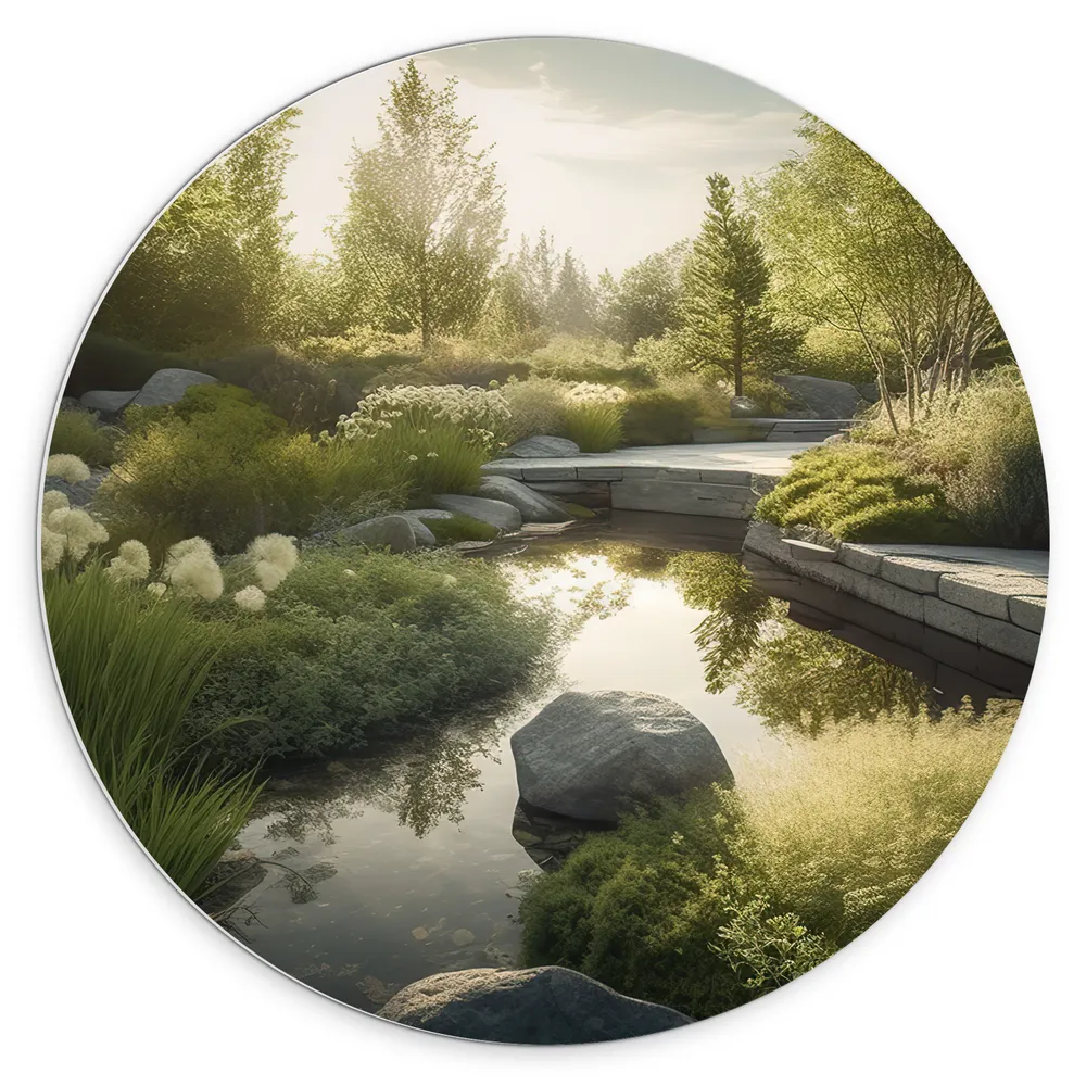 Dibond Muurcirkel - Water - Stenen - Bloemen - Planten - Bomen