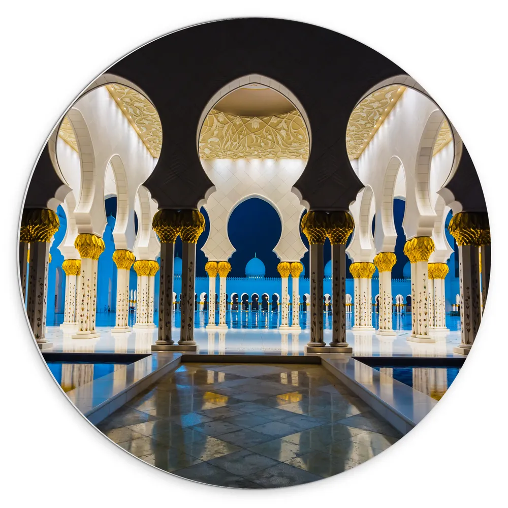 Dibond Muurcirkel - Prachtig Versierde Binnenkant van Sjeik Zayed Moskee in Abu Dhabi