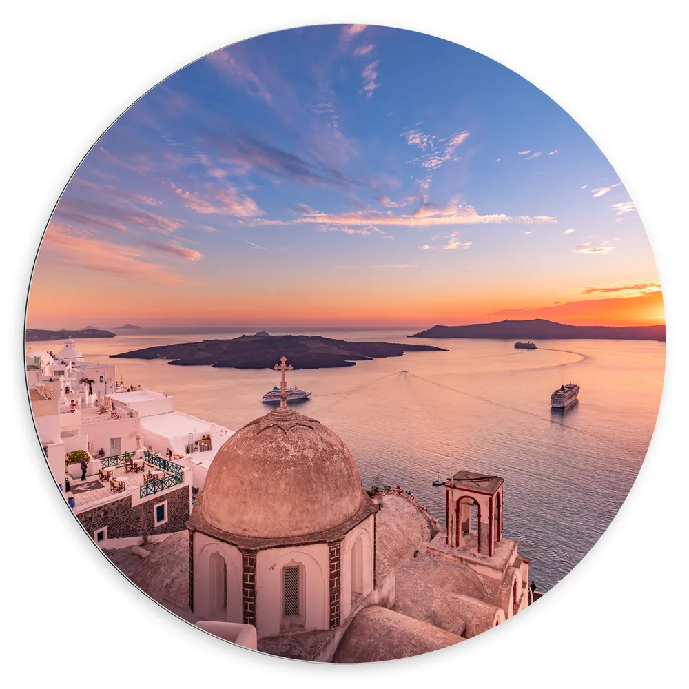 Dibond Muurcirkel - Uitzicht op Griekse Kustplaats Santorini