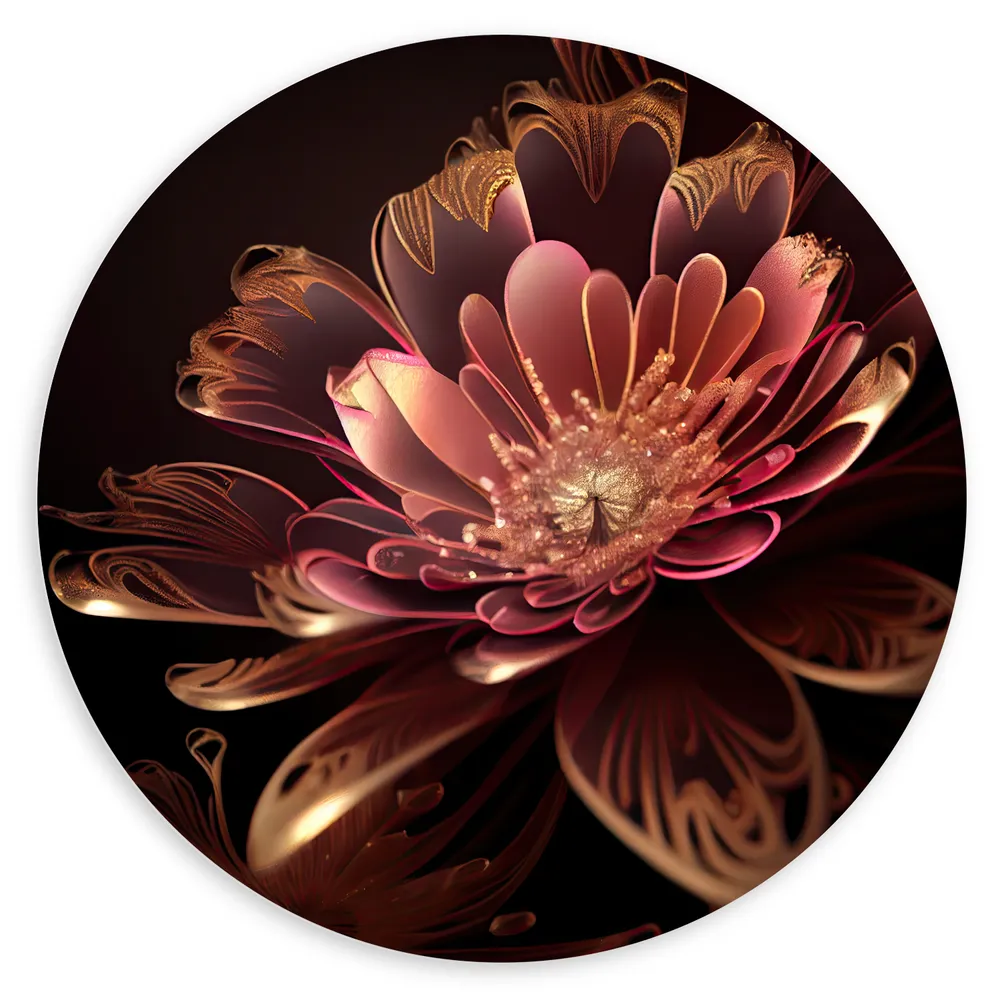 Dibond Muurcirkel - Roze Bloem met Rosé Gouden Details