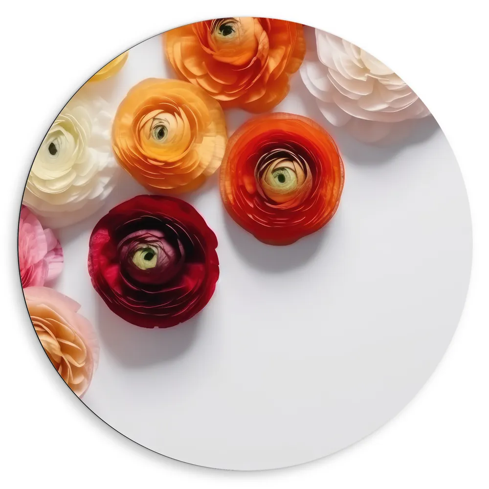 Dibond Muurcirkel - Mix van Rode en Oranje Bloemen op Witte Achtergrond
