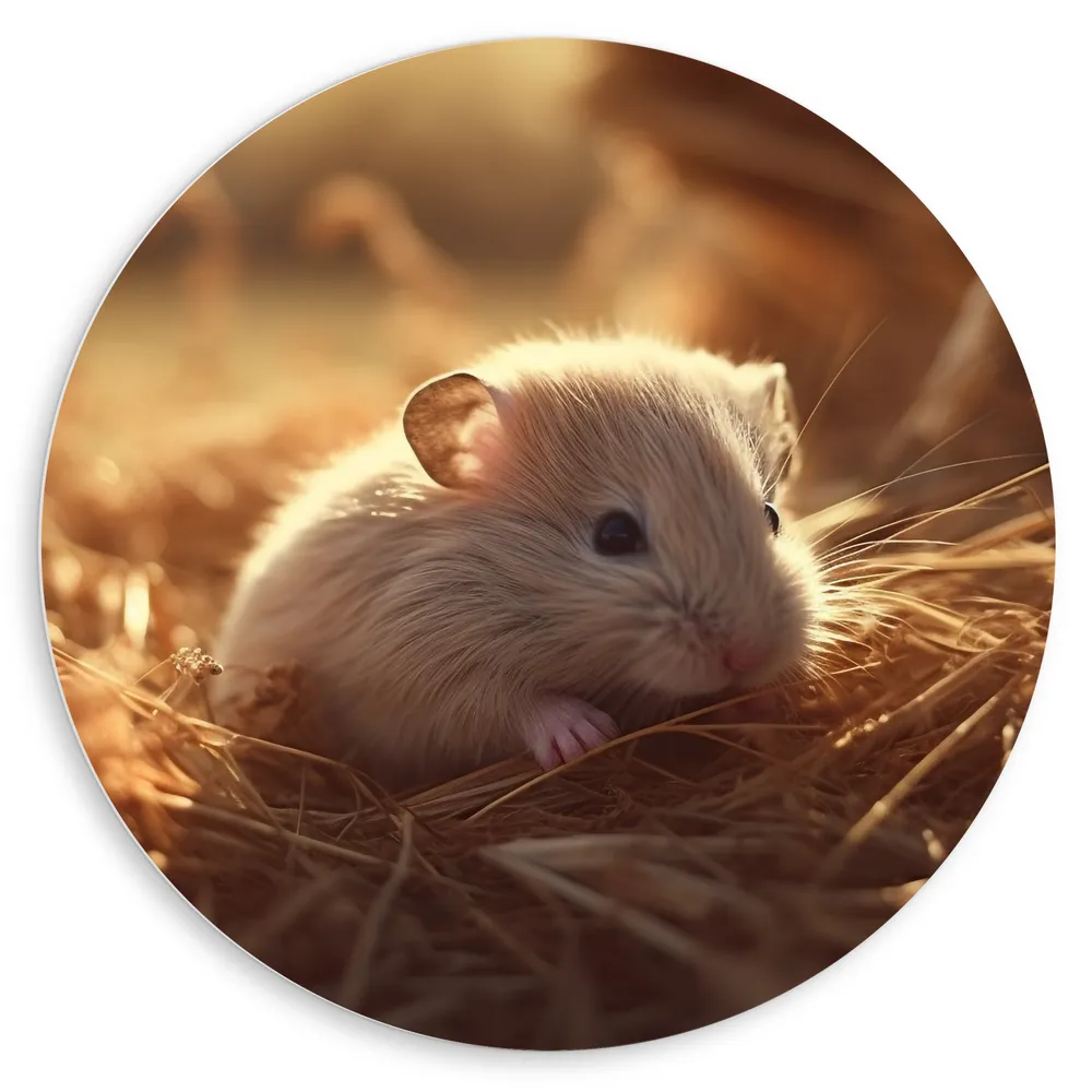 Dibond Muurcirkel - Hamster - Baby - Stro - Grijs