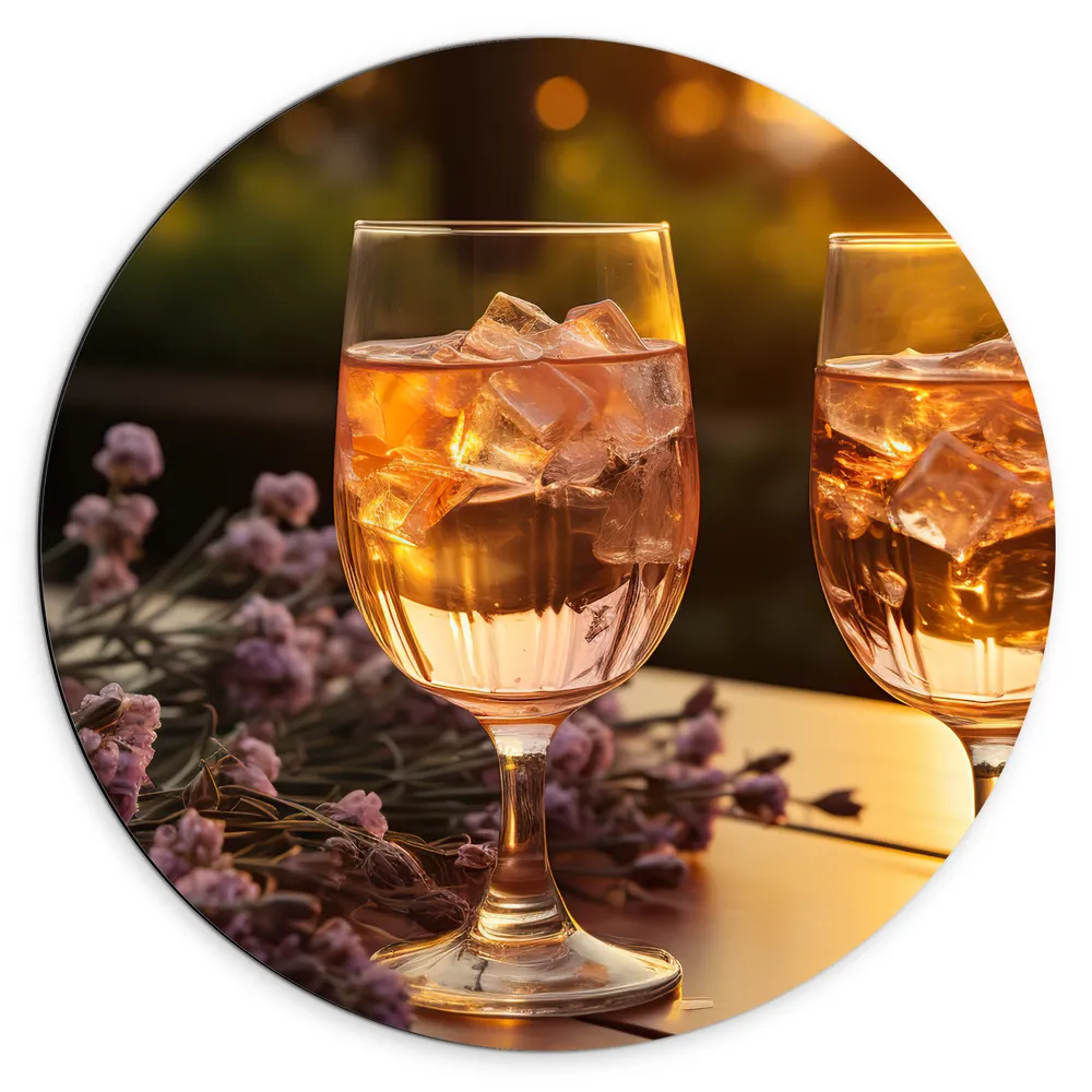 Dibond Muurcirkel - Bloemen - Drinken - Glazen - Wijn - Ijsklontjes