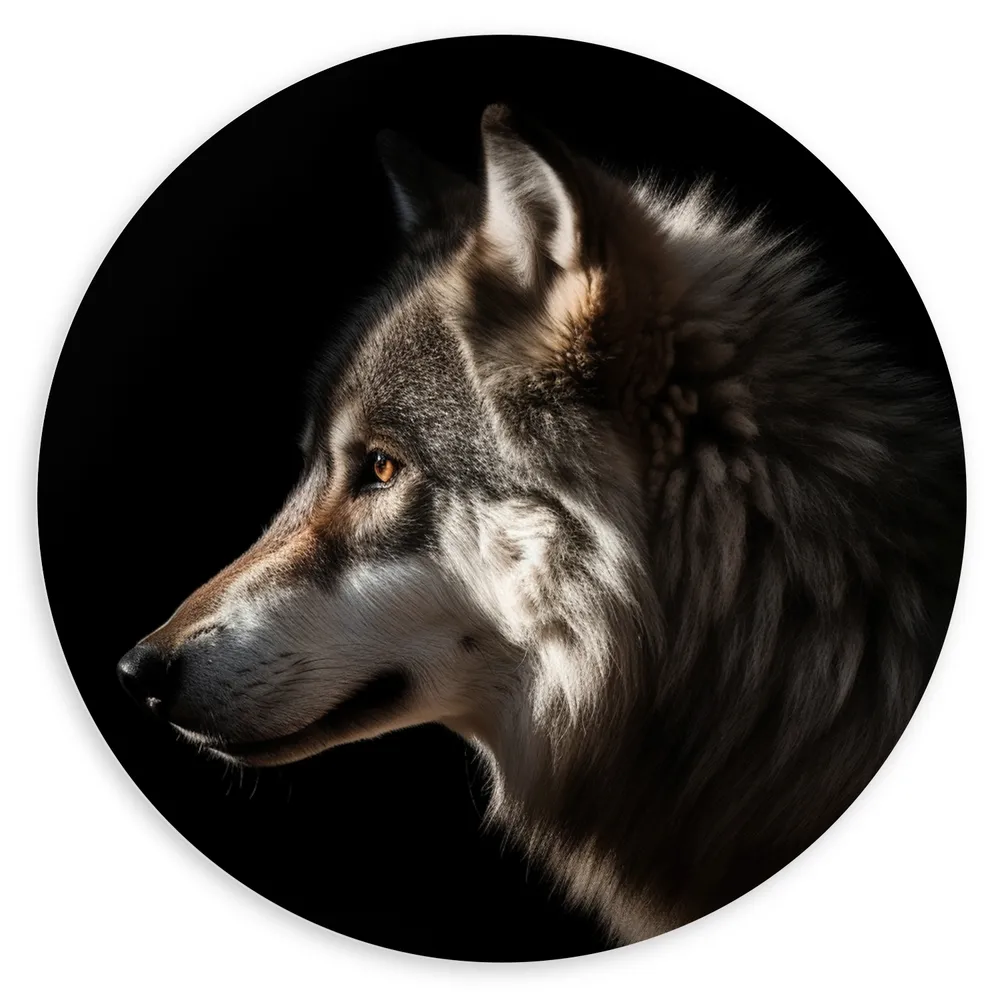 Dibond Muurcirkel - Zijaanzicht van Kop van Wolf tegen Zwarte Achtergrond