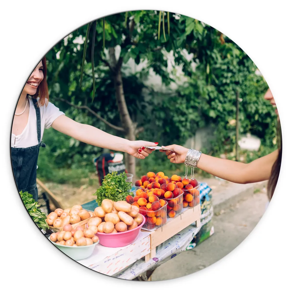 Dibond Muurcirkel - Vrouw - Groente - Fruit - Verkopen