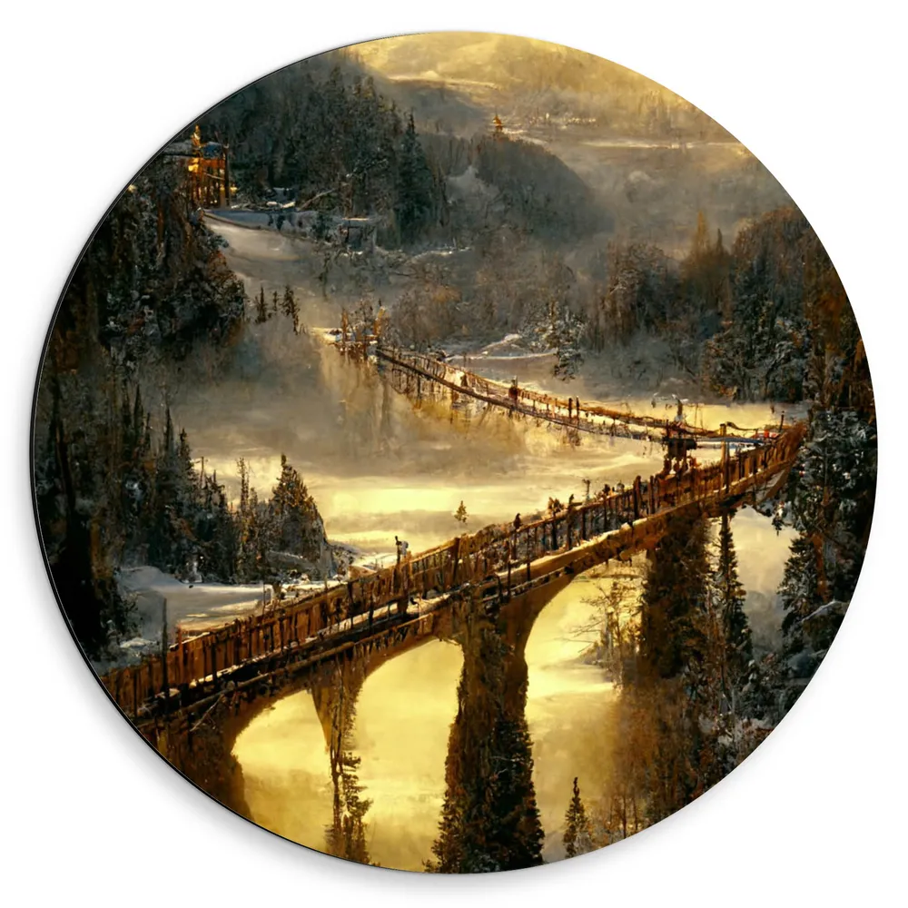 Dibond Muurcirkel - Bergen - Bomen - Brug - Mensen