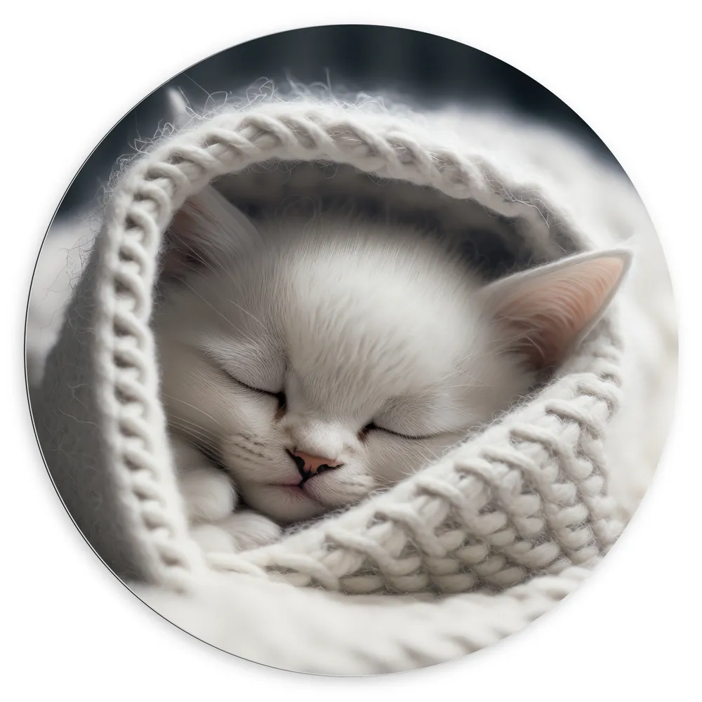 Dibond Muurcirkel - Witte Kitten in Gebreide Sjaal