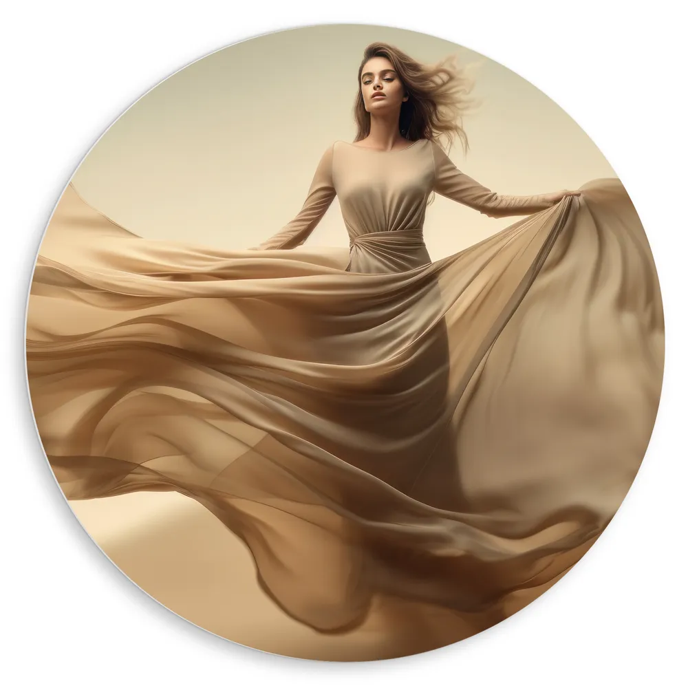 Dibond Muurcirkel - Vrouw - Beige - Jurk - Dansen