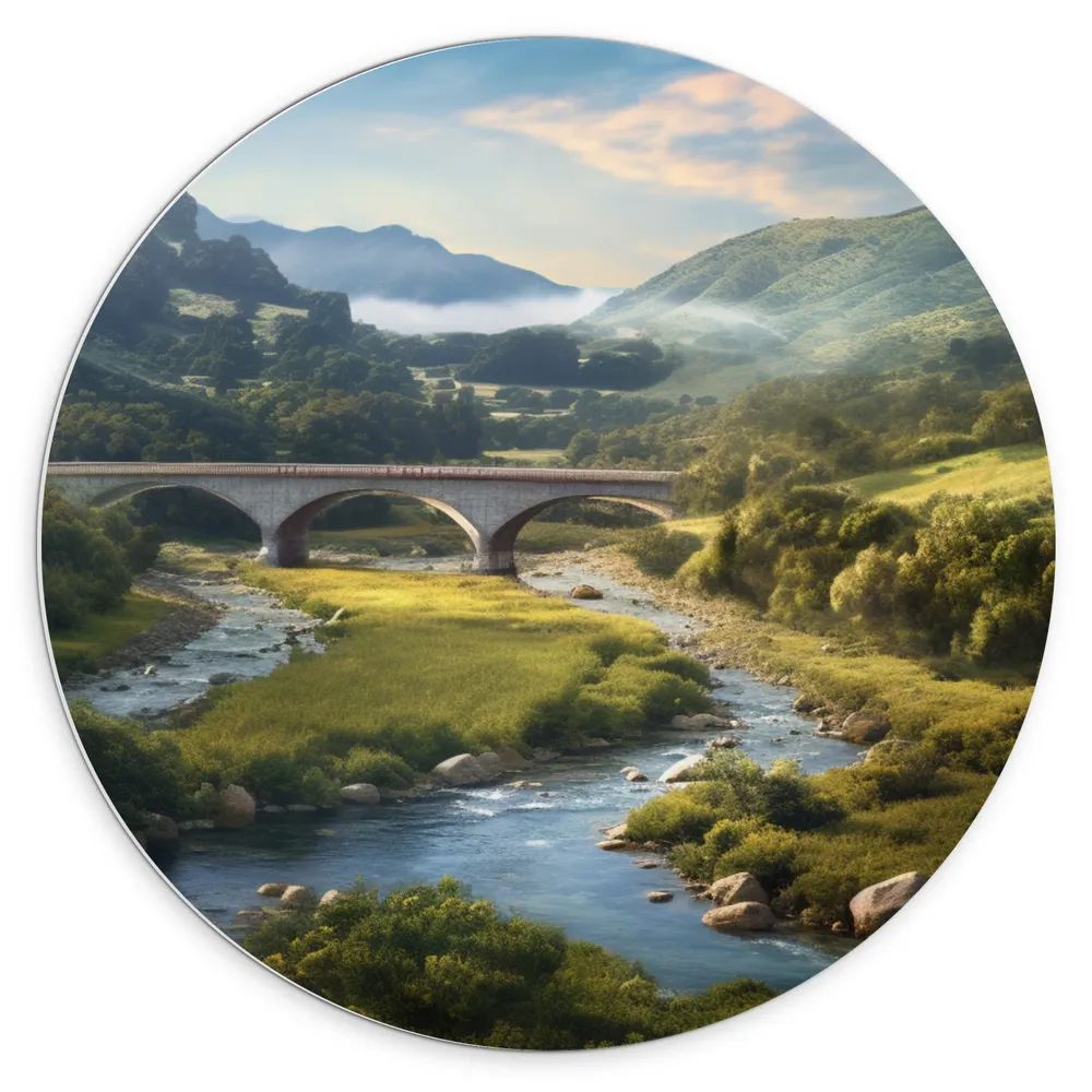 Dibond Muurcirkel - Rivier - Bergen - brug - Water - Stenen - Gras - Bomen - Wolken