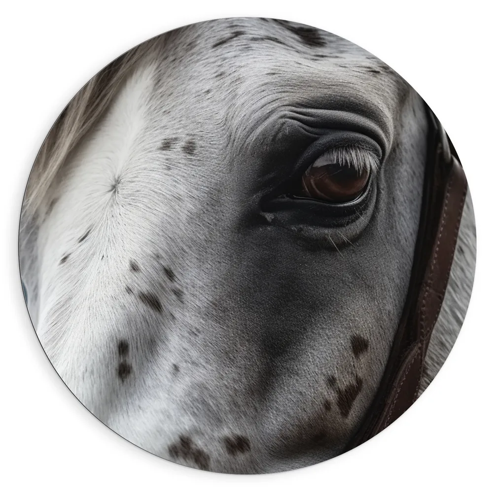 Dibond Muurcirkel - Wit gevlekt paard met een halster om