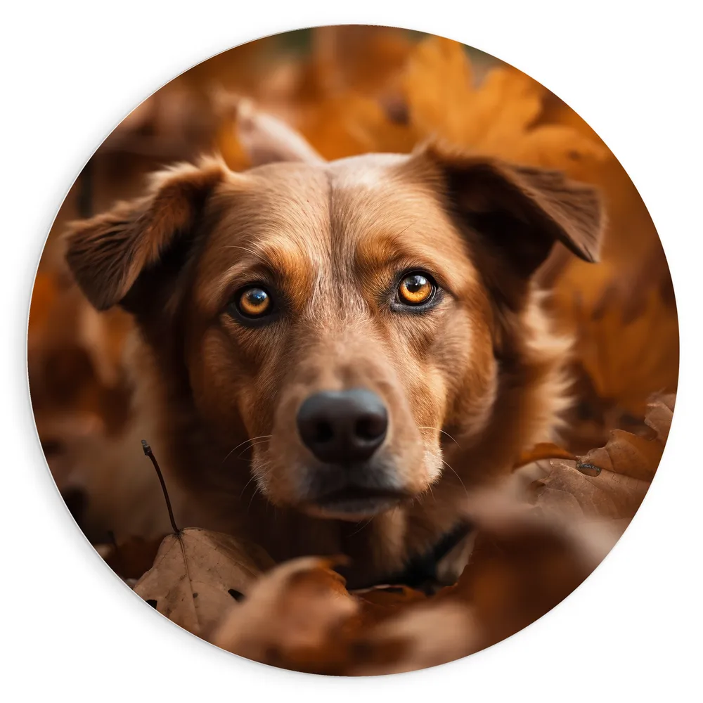 Dibond Muurcirkel - Hond Liggend tussen de Bladeren in de Herfst