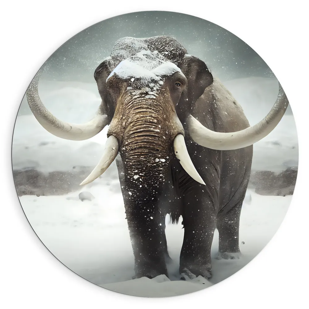 Dibond Muurcirkel - Olifant met grote slagtanden in de sneeuw