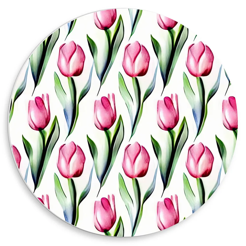 Dibond Muurcirkel - Patroon van Roze Tulpen tegen Witte Achtergrond