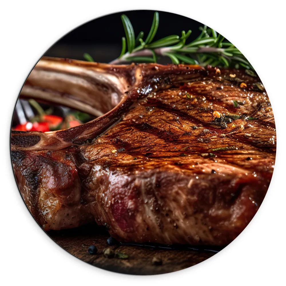 Dibond Muurcirkel - Eten - Grillen - Vlees - Fruit - Plantje