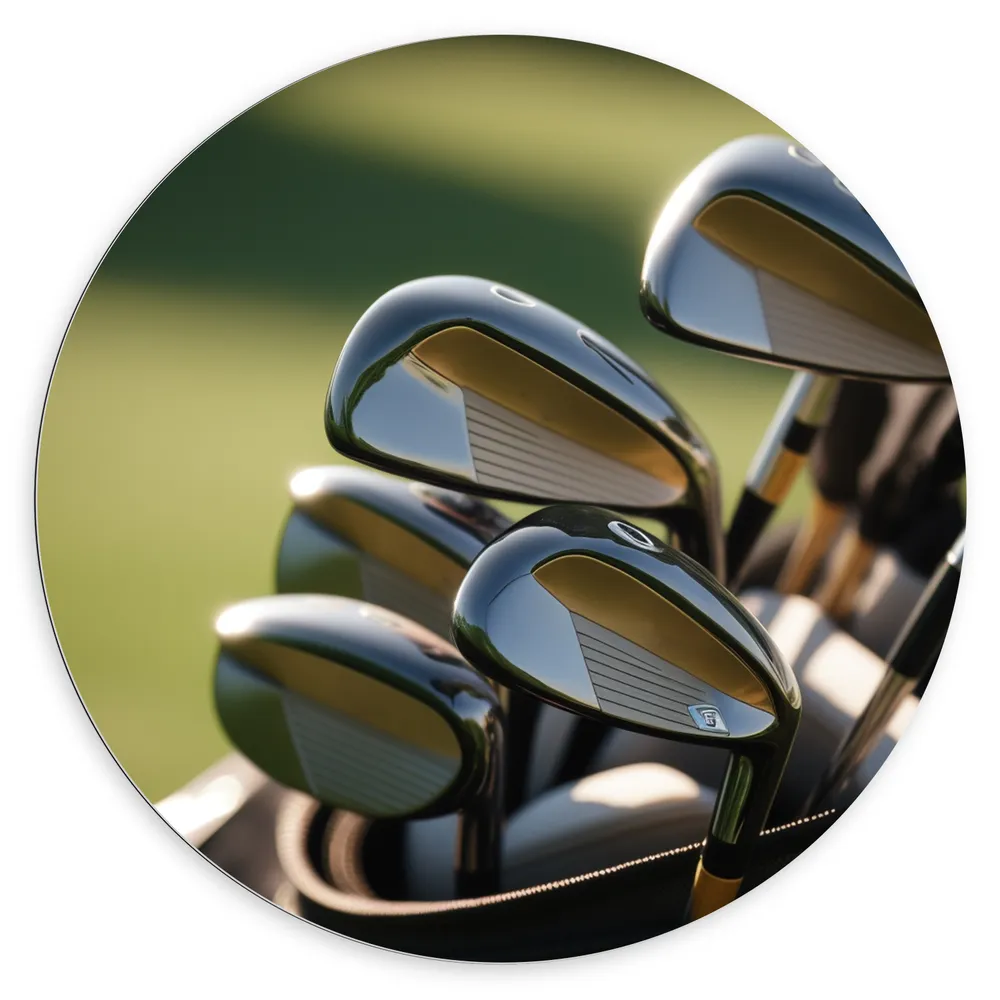 Dibond Muurcirkel - Golf Clubs in Trolley op Golfbaan