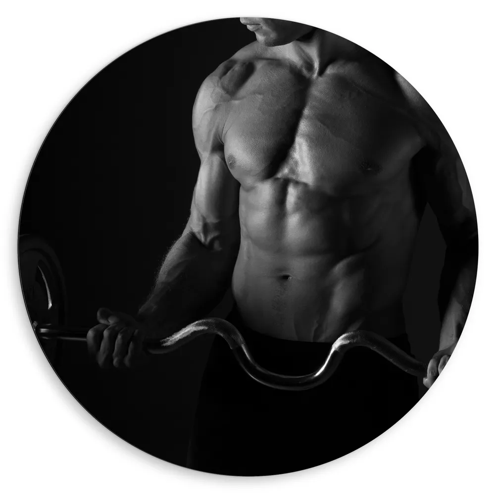 Dibond Muurcirkel - Gespierde Man met Barbell (Zwart- wit)
