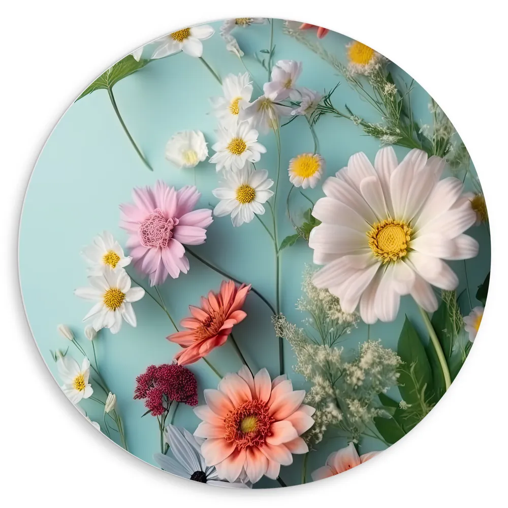 Dibond Muurcirkel - Verschillende Kleuren en Soorten Bloemen op Pastelblauwe Achergrond