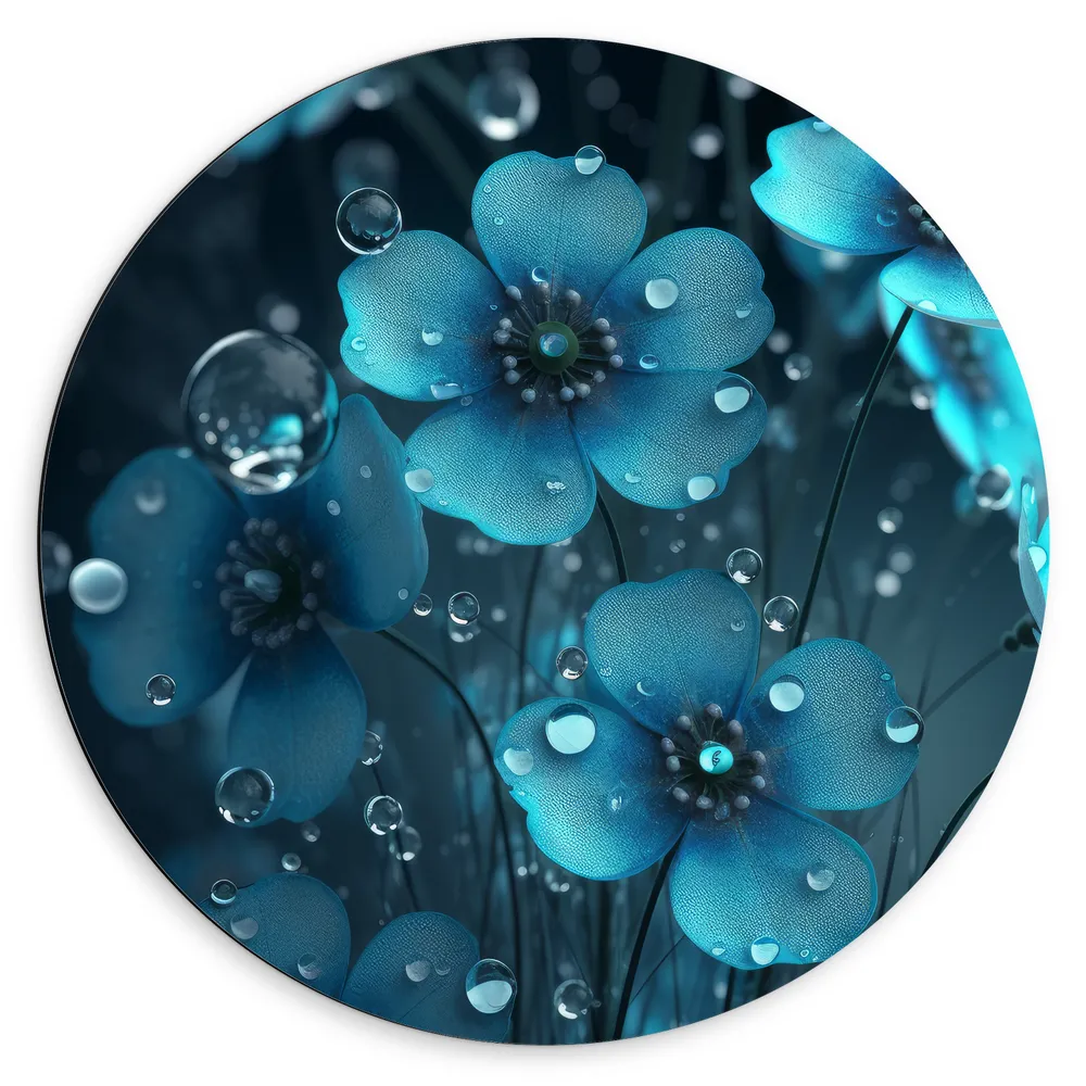 Dibond Muurcirkel - Waterdruppels op Blauwe Vergeet-mij-nietjes Bloemen