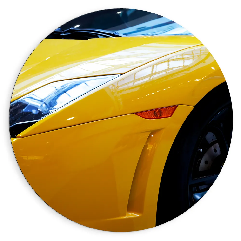 Dibond Muurcirkel - Snelle Sportauto in het Geel