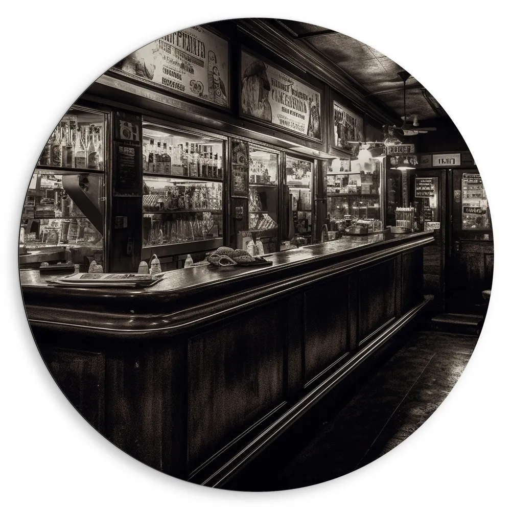 Dibond Muurcirkel - Bar - Alcohol - Flessen - Zwart - Wit
