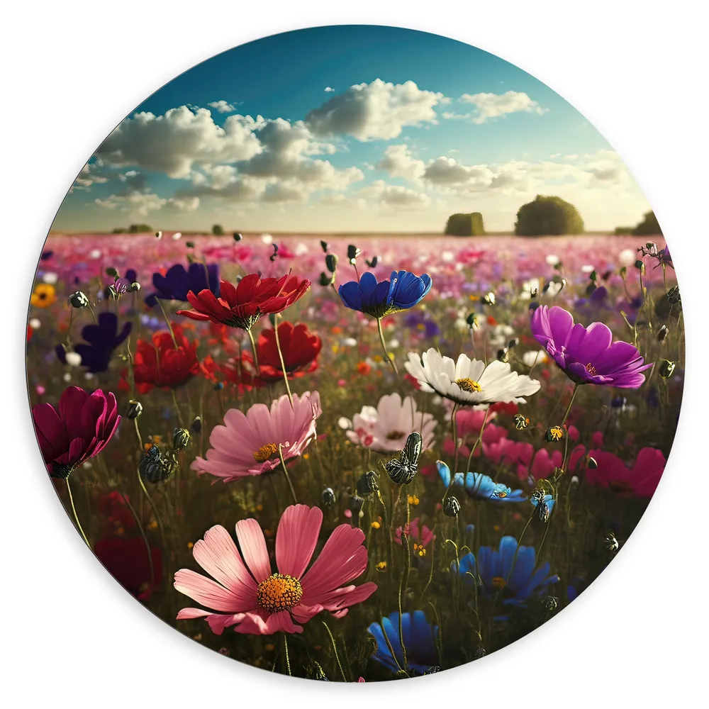 Dibond Muurcirkel - Schapenwolken boven Veld Vol met Bloemen in Verschillende Kleuren