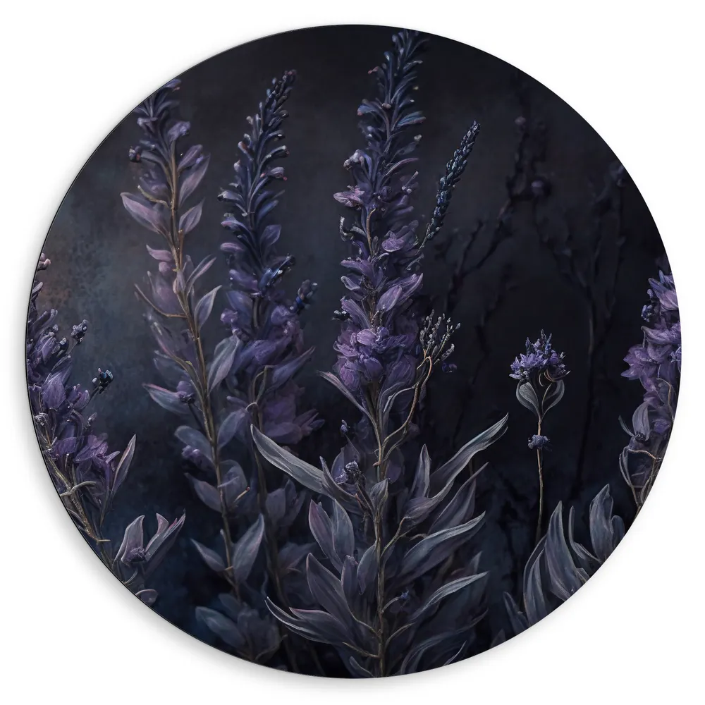 Dibond Muurcirkel - Getekende Paarse Lavendel Bloemen met Donkere Achtergrond