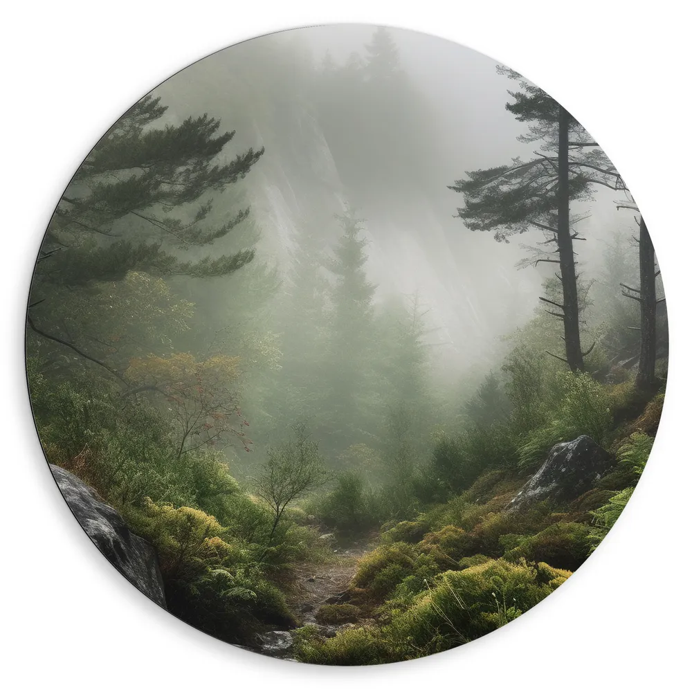 Dibond Muurcirkel - Bos - Mistig - Bomen - Pad - Stenen