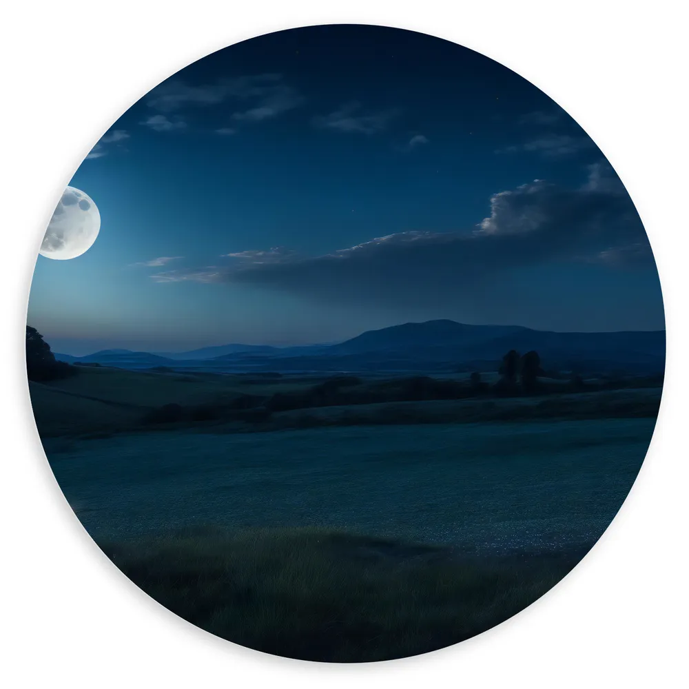 Dibond Muurcirkel - Maan - Bergen - Gras - Nacht - Bomen - Wolken