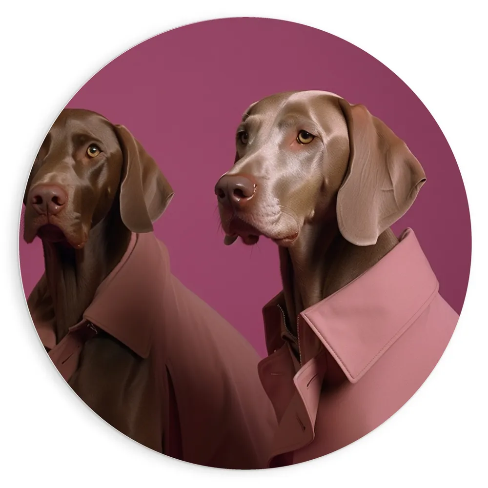 Dibond Muurcirkel - Twee Bruine Duitse Dog Honden in Roze Overhemden tegen Roze Achtergrond