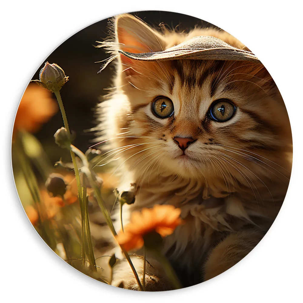 Dibond Muurcirkel - Dier - Kitten - Poes - Bloemen - Gras