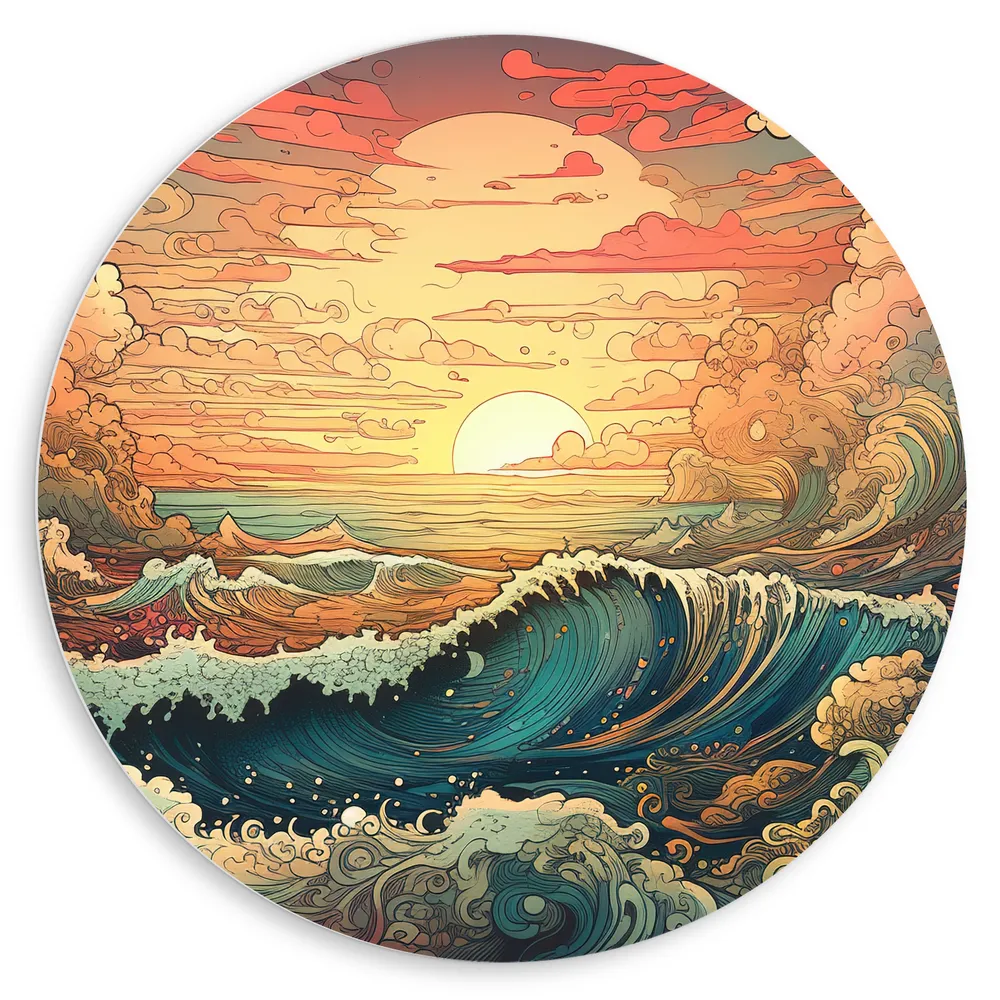 Dibond Muurcirkel - Schilderij - Oceaan - Zee - Golven - Zonsondergang - Wolken - Kleuren