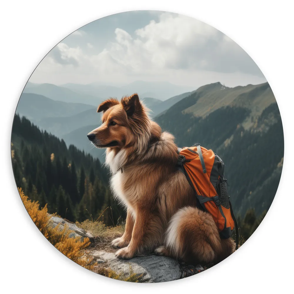 Dibond Muurcirkel - Reizende Hond met Rugzak op Top van de Berg