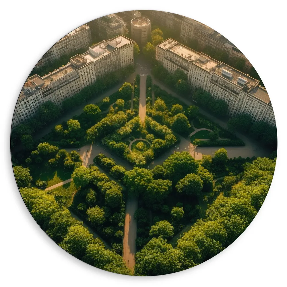Dibond Muurcirkel - Gebouwen - Pleintje - Bomen