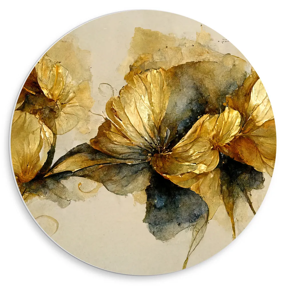 Dibond Muurcirkel - Elegante Bloemen met Gouden Details