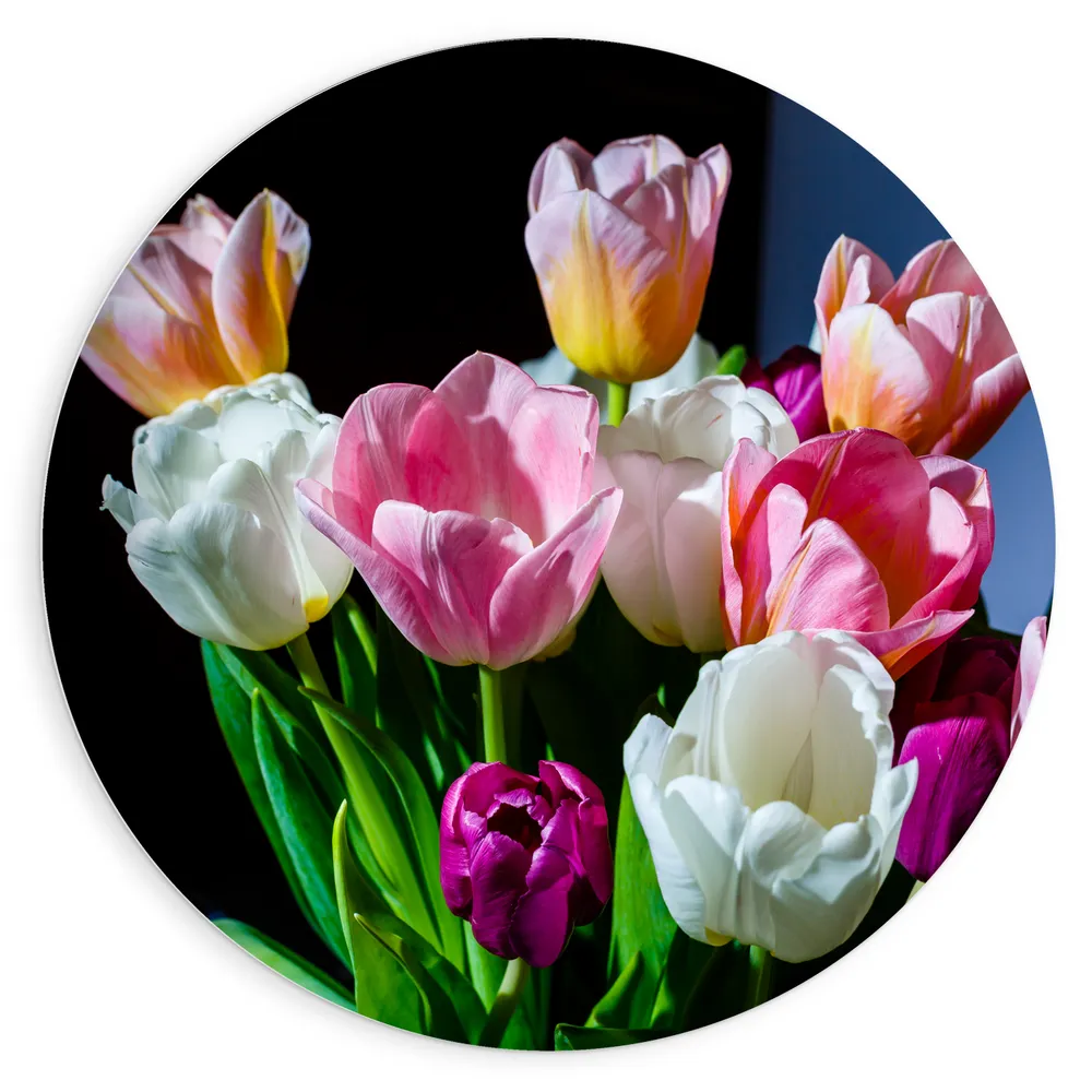 Dibond Muurcirkel - Boeket van Lente Bloemen in Verschillende Kleuren
