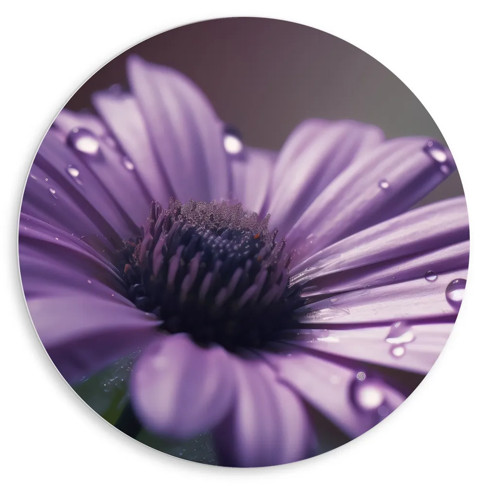 Dibond Muurcirkel - Paarse Margriet met Waterdruppels erop - Bloemen