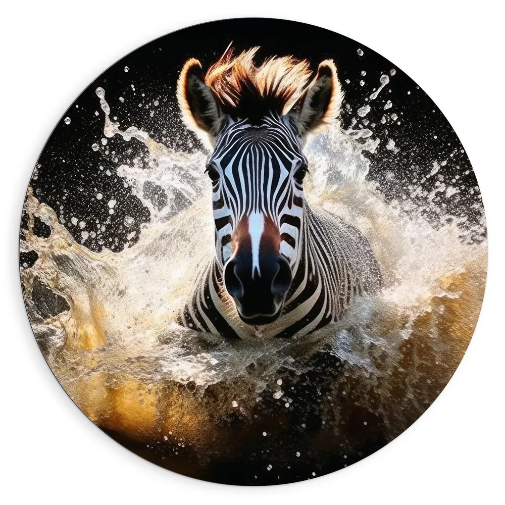 Dibond Muurcirkel - Vooraanzicht van Zwemmende Zebra in Beekje